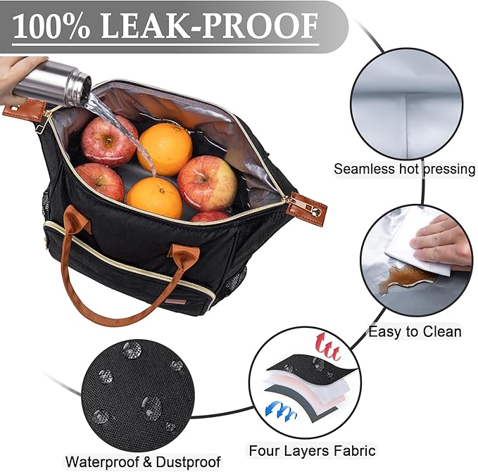 Black Lunch Box for Women Insulated Lunch Bag for Work - Adult Stylish Lunch Tote Bag for Shopping Soft Cooler for Beach Picnic Travel