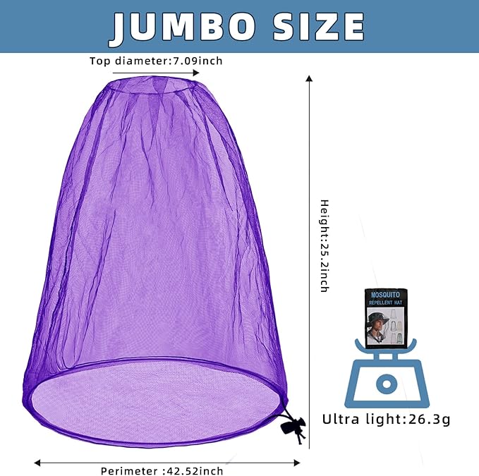 2 Pack Ultra Large Mosquito Net 42x25 Inches Mosquito Head Net Oversized Insect Netting Bug Fits Most Hats for Gardening Hiking Fishing Traveling(Purple)