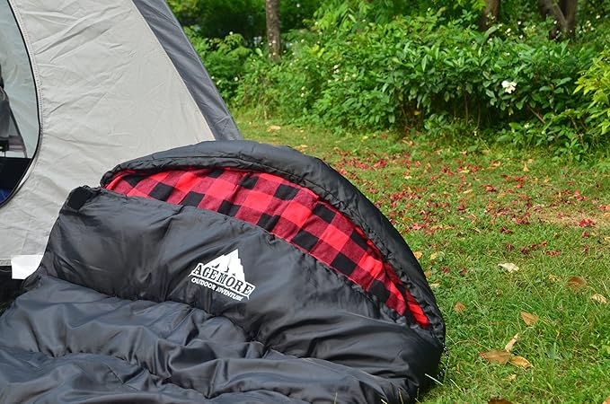 AGEMORE Cotton Flannel Sleeping Bag XL for Camping, Envelope Sleeping Bags for Adults 91"X35", Great for 3-4 Season Traveling, Hiking & Outdoor Activities, Waterproof Comfort with Compression Sack