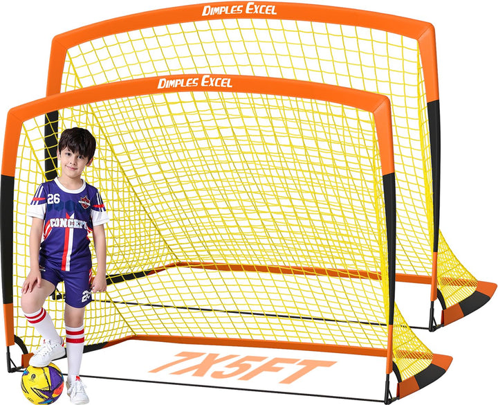 Dimples Excel Soccer Goals Kids Soccer Net for Backyard (7x5 FT 2 Set, Orange Black)