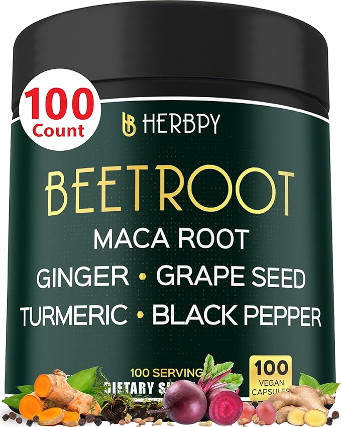 6in1 Beet Root Capsules with Maca Root, Grape Seed, Ginger, Turmeric and Black Pepper for Heart Health & Immune Support - 100 Vegan Capsules