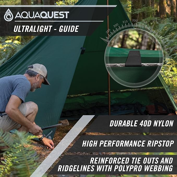 AquaQuest Guide Camping Tarp - Ultralight Tent Cover or Rain Fly - Waterproof Camping Gear Must Haves for Hiking, Hammock, Bivy & Survival, 15 x 15 ft, Forester Green