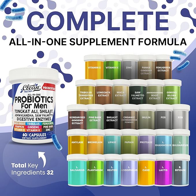 Clean Nutra Probiotics for Men | Tongkat Ali, Saw Palmetto, Tribulus, Ginseng, Ashwagandha, Maca, Pumpkin, Gingko Biloba, Pine Bark, Fenugreek, Shilajit, Zinc - Mens Probiotic 60 Capsules