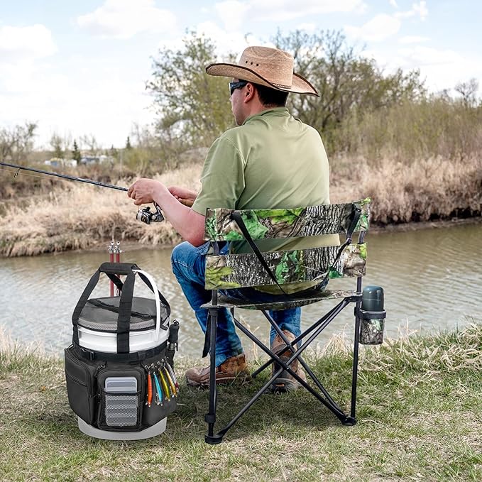 Fishing Bucket Organizer with Bucket Cover, Ice Fishing Tackle Bag with Rod & Plier Holder, Multi-Pockets for 5 Gallon Bucket Fishing Gear & Accessories