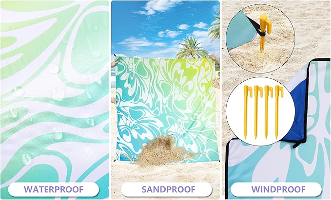 Beach Blanket Waterproof Sandproof Beach Mat 79" X 83" /10'x9'for 2-8 Adults Quick Drying Outdoor Picnic Mat Beach Accessories for Travel, Camping, Hiking