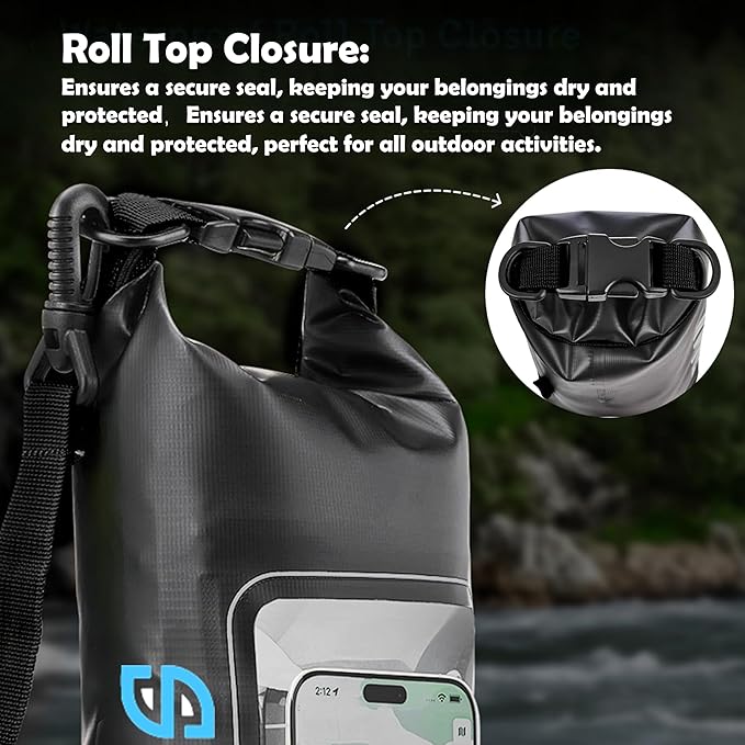 2L Waterproof Dry Bag - Multifunctional Waterproof Dry Pouch for Phone and Valuables - Essential for Outdoor Travel, Beach, Swimming, Boating, Camping (Black)