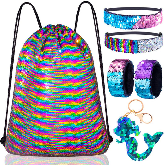 Mermaid Reversible Sequin Drawstring Backpack/Bag Multi-Colored/Gold for Kids Girls One_Size