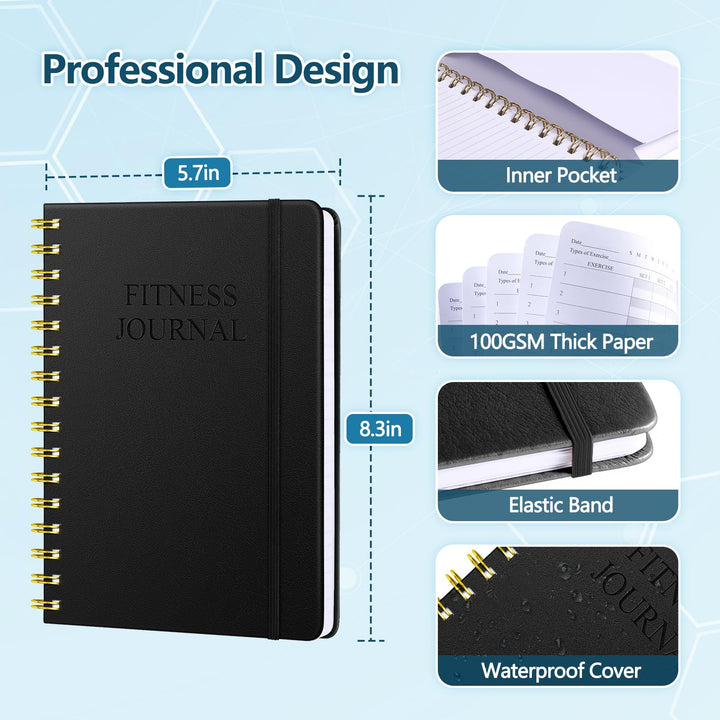 Fitness Journal-Workout Journal for Women & Men, Hard Cover Leather Fitness Planner, Workout Log Book With Gym Goals, Calendar, Progress Tracker, A5-5.7" x 8.3" - Black