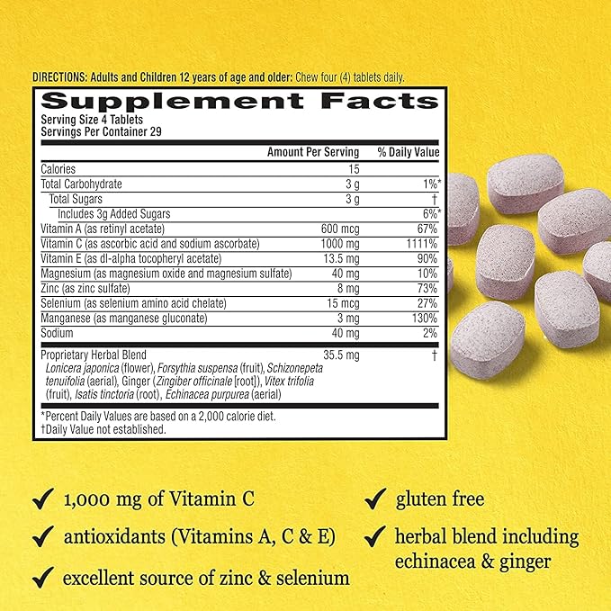 Airborne 1000mg Vitamin C + Zinc Immune Support Supplement Chewable Tablets, Very Berry & Citrus Flavor with Powerful Antioxidants Vitamins A C & E, 116 Chewable Tablets