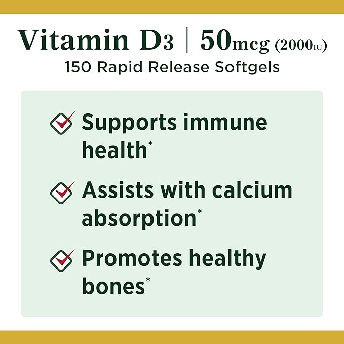 Nature's Bounty Vitamin D, Supports Immune Health & Bone Health, 2000IU Vitamin D3, 150 Softgels