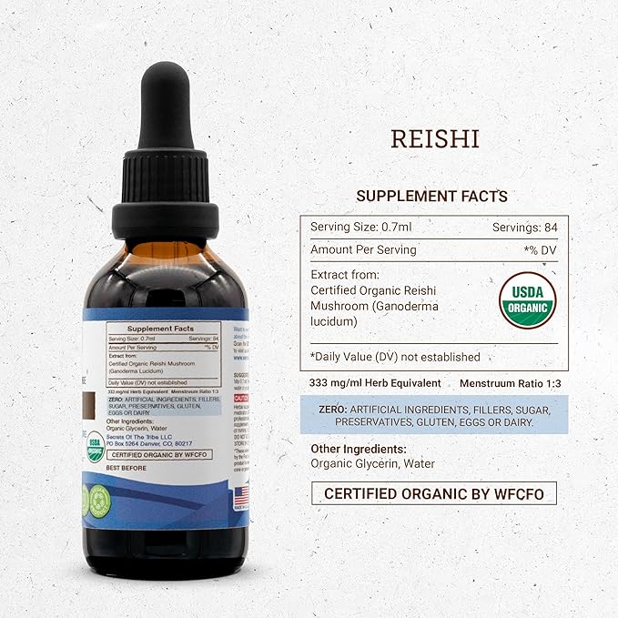 Secrets of the Tribe Reishi USDA Organic | Alcohol-Free Extract, High-Potency Herbal Drops | Made from 100% Certified Organic Reishi Mushroom (Ganoderma Lucidum) (2 oz)