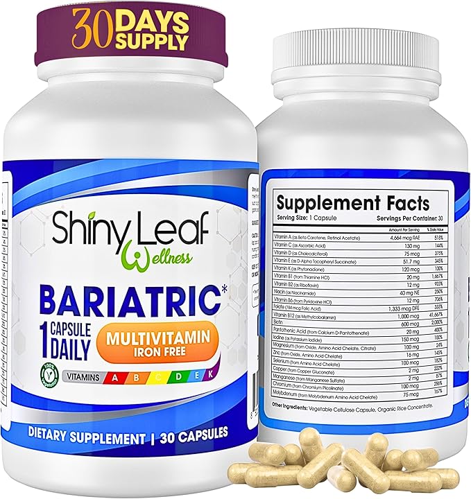 Shiny Leaf Bariatric Multivitamin Without Iron - Vitamins for Gastric Bypass & Sleeve, 1 Daily Capsule W Vitamin A, C, D, Biotin, Zinc, B12, K, Vegetarian, Soy-Free, GMP Cert., Made in USA (30 Ct.)