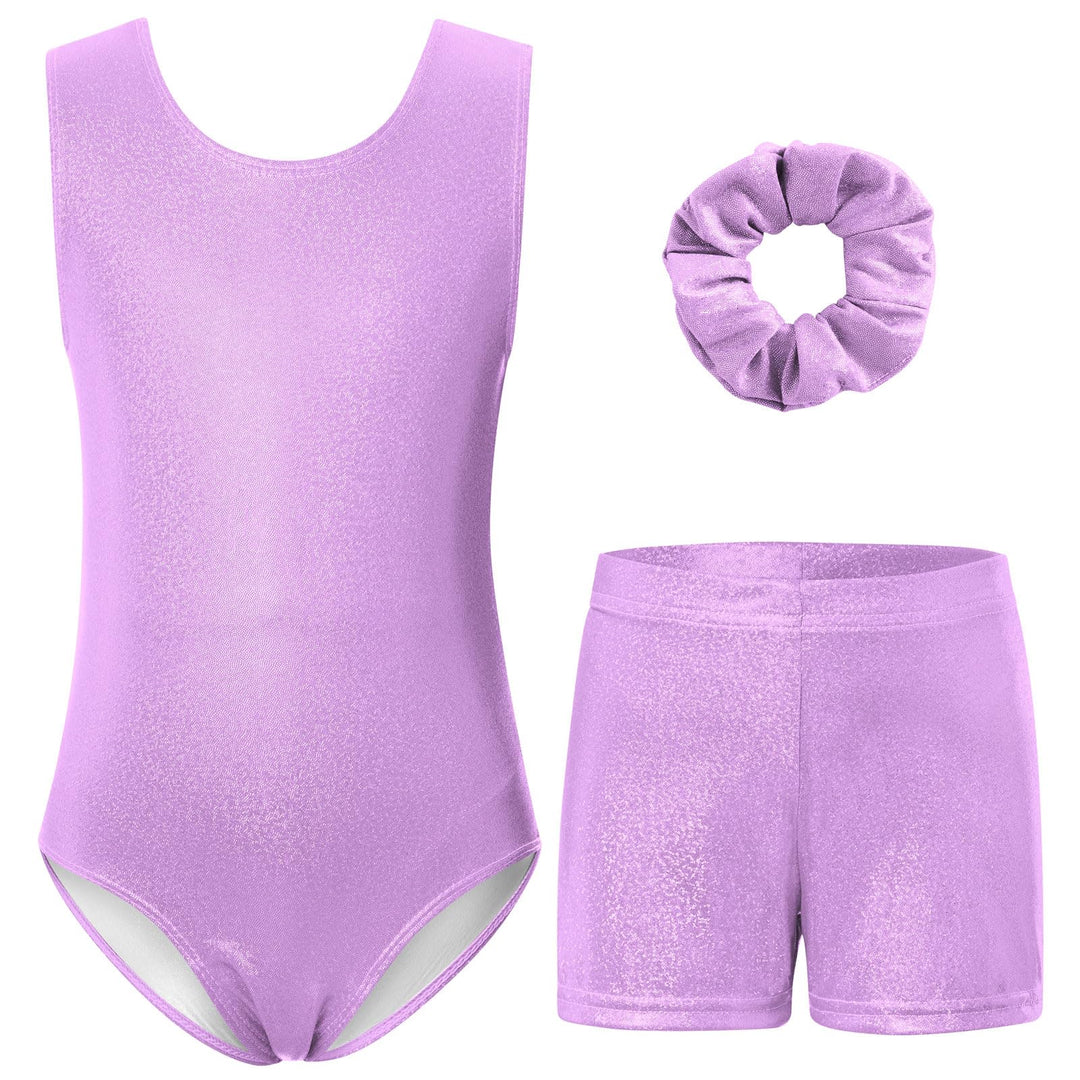 TUONROAD Purple Girls Leotards for Gymnastics Size 5 Kid Girls' Fairy 3 Piece Gym Unitards with Cover Shorts for 4t Child Shiny Diamonds Macthing Scrunchie Classic Dance Leotard Sets,4 5 Years