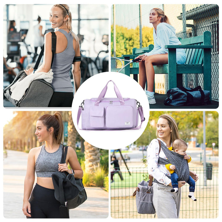 FIORETTO Women's Water-Resistant Gym Duffle Bag with Shoes Compartment, 37L Capacity, Multi-Functional, Ideal for Travel, Gym, Sports, Weekender, with Toiletry Bag, Light Purple