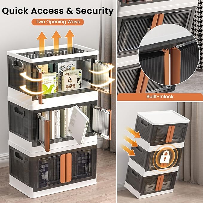 8.4Gal Collapsible Storage Bins with Lids & Wheels - 3 Pack Stackable with Doors, Heavy-Duty Plastic Containers for Home/Office, White