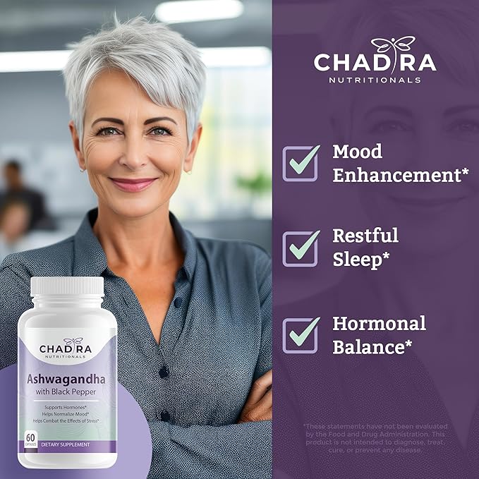 Ashwagandha Supplements - Contains Organic Ashwagandha & Black Pepper for Stress Management, Cognitive Supplement & Mood Support Supplement - Non-GMO, Gluten Free - 60 Capsules