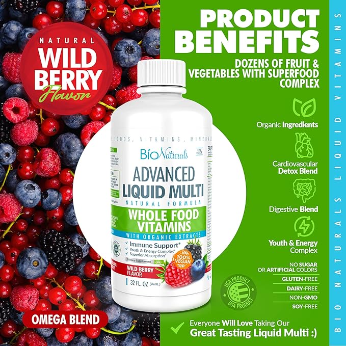 Bio Naturals Liquid Whole Food Multivitamin for Men & Women with Over 100 Ingredients - Superfoods, Omegas, Organic Extracts - 100% Vegan - 32 oz