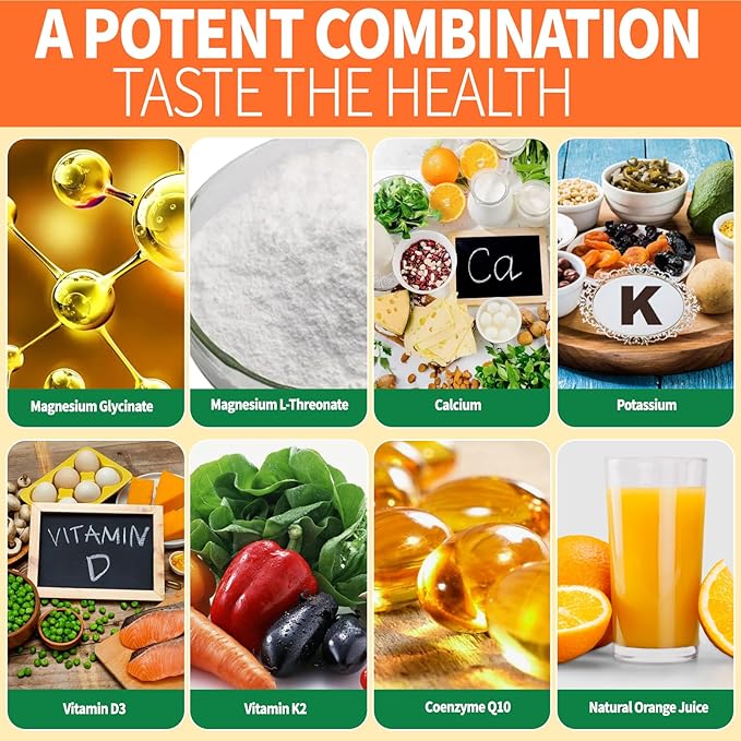 Magnesium Glycinate Gummies 600mg, Sugar Free Magnesium Potassium Supplement with Calcium, Vitamin D3, K2, CoQ10 for Adults and Kids, Stress & Muscle Relief, Orange (60 CT)
