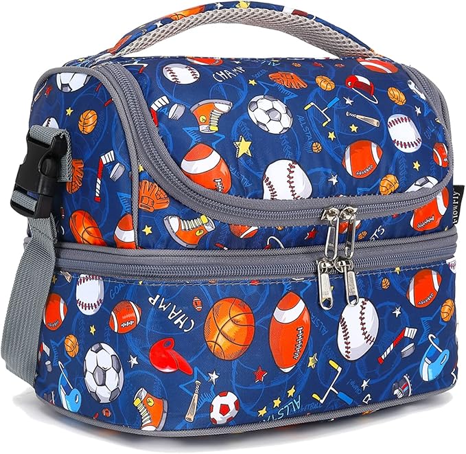 FlowFly Double Decker Cooler Insulated Lunch Bag Large Tote for Boys, Girls, Men, Women, With Adjustable Strap, Football