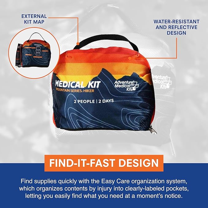 Adventure Medical Kits Mountain Series Medical Kit - Hiker - Emergency Medical First Aid Kit - for 2 People for 2 Days - Comes with a Trauma Pad, Medicine, Guide Book & More - Sunset