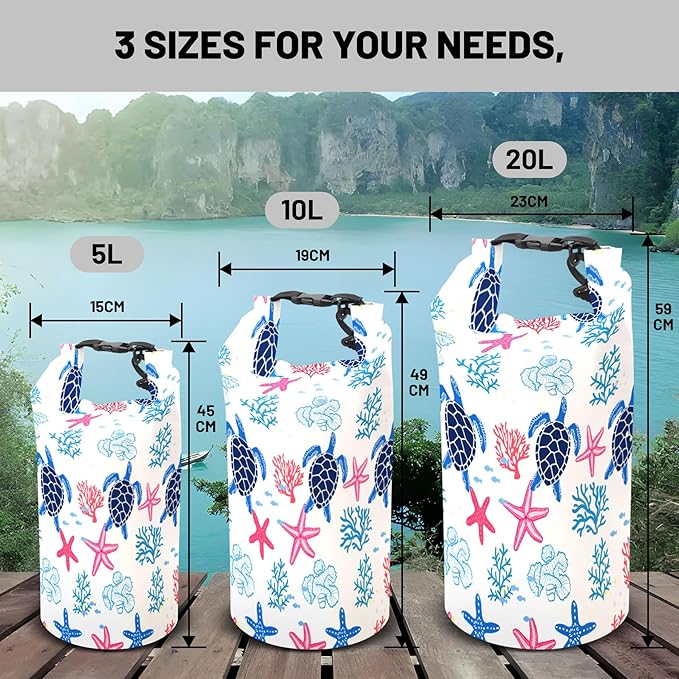 Waterproof Dry Bag,Roll Top Sea Turtle Coral Starfish Small Waterproof Backpack 5L/10L/20L Floating Lightweight Bags for Kayaking, Boating, Fishing, Swimming Camping with Waterproof Phone Case
