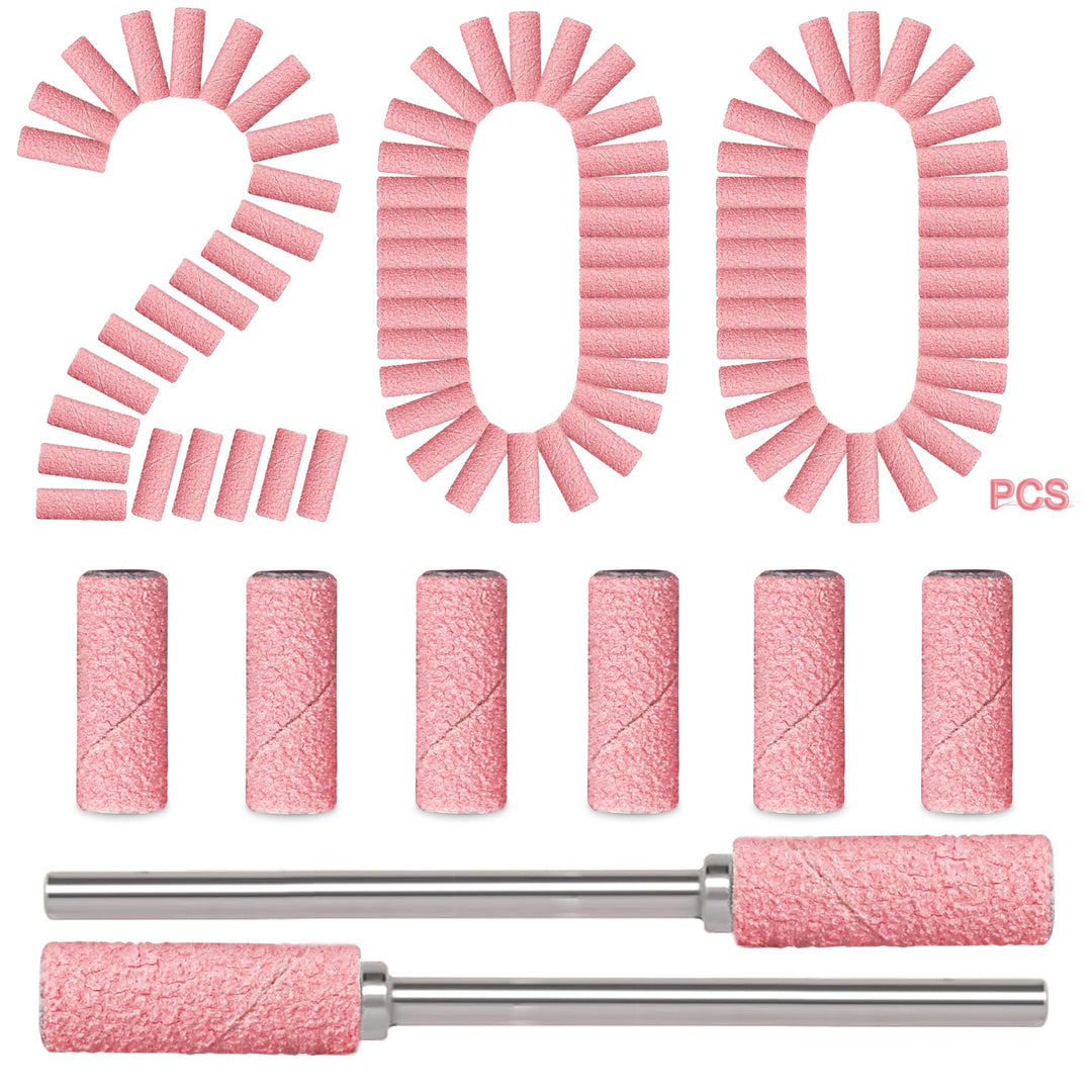 200pcs 180 Grit Small Sanding Bands for Nail Drill with 2pcs 3/32’’ Upgrade Mandrels Bits, Mini Sanding Bands for Nail Drill for Manicure Nail Salon and Nail Enthusiasts Use, Pink