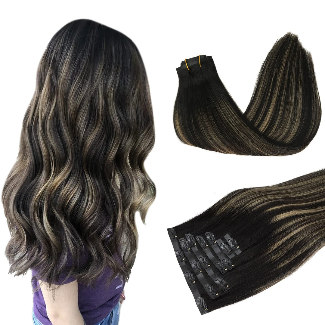 Doores Hair Extensions Clip Ins, Balayage Natural Black To Light Blonde 7Pcs 14 Inch 110G, Seamless Clip In Hair Extensions Remy