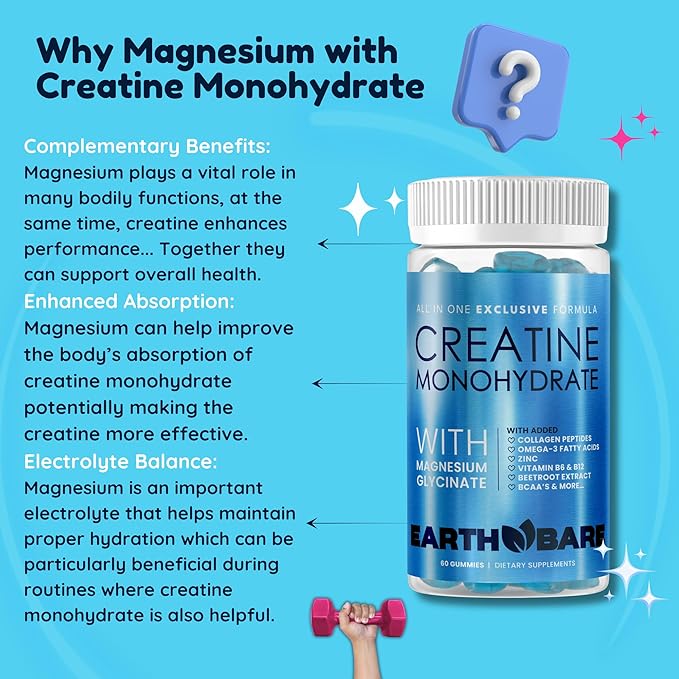 Creatine Monohydrate and Magnesium Gummies for Adults | Beta Alanine, Collagen Peptides, L-Arginine, B Vitamins | 60 Gummies
