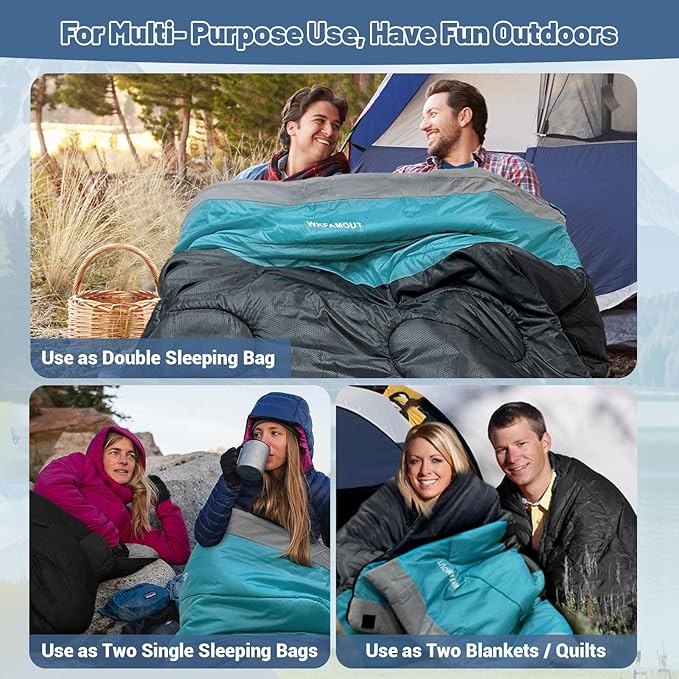Cotton Flannel Double Sleeping Bag for Adults Machine Washable 2 Person Camping Sleeping Bag Queen Size Waterproof with Compression Sack for Cold Weather 3-4 Seasons