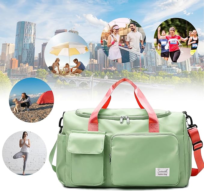 Travel Duffel Bag with Shoes Compartment Sports Gym Bag with Dry Wet Separated Pocket for Men and Women, Overnight Bag Weekender Bag Training Handbag Yoga Bag - Bright Green Pink