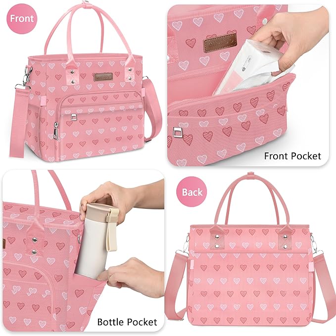 Lunch Bag Lunch Box Women - Leakproof Insulated Lunch Cooler Bag for Women - Large Lunch Tote Bags Adults, Pink Heart