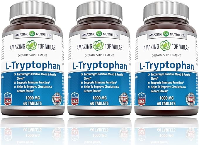 Amazing Formulas L-Tryptophan 1000mg Tablets Supplement | Non-GMO | Gluten Free | Made in USA (60 Count | 3 Pack)