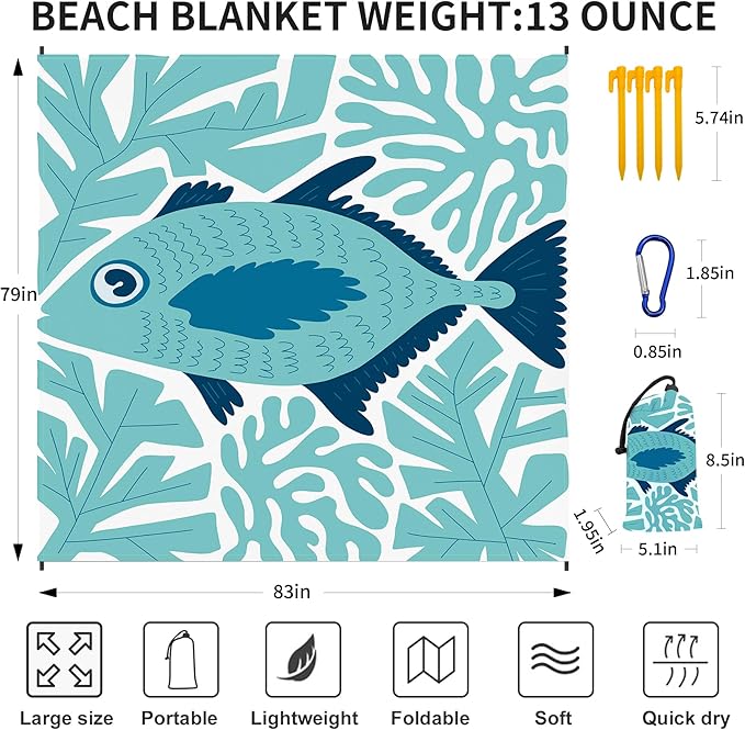 Large Beach Blanket Waterproof Sandproof 79"x 83" for 1-4 Adults,Quick Drying Beach Mat,Lightweight & Durable,Beach Essentials for Family Beach Camping Travel Picnic(Green Fish)