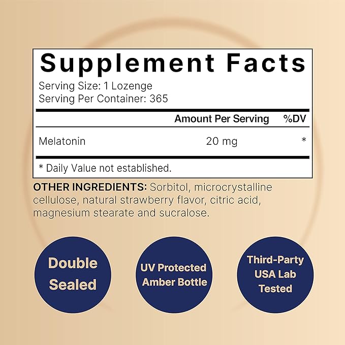 NatureBell Melatonin 20mg, 365 Fast Dissolve Tablets - Natural Strawberry Flavor - Vegetarian Chewable Lozenges for 1 Year Supply, High Potency | Non-GMO, No Gluten
