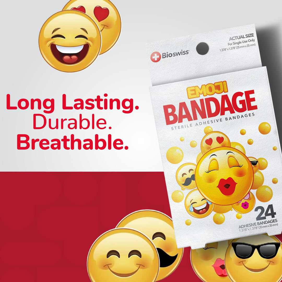 BioSwiss Bandages, Emoji Shaped Self Adhesive Bandage, Latex Free Sterile Wound Care, Fun First Aid Kit Supplies for Kids, 24 Count