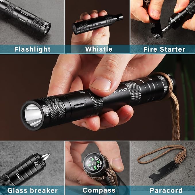 All-in-1 Multitool kits, Camping Survival Multi tool Flashlight+Fire Starter+Whistle+Compass+Window Breaker 9 In 1 EDC Gadgets for campers, Hiker, Surviver and Great Gifts for Men