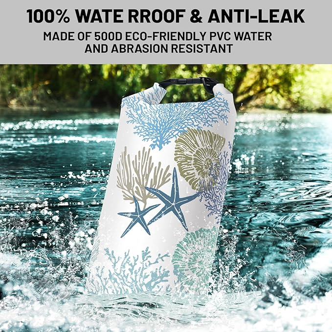 Waterproof Dry Bag,Roll Top Nautical Coastal Beach Seashell Starfish Small Waterproof Backpack 5L/10L/20L Floating Lightweight Bags for Kayaking,Boating,Swimming Camping with Waterproof Phone Case