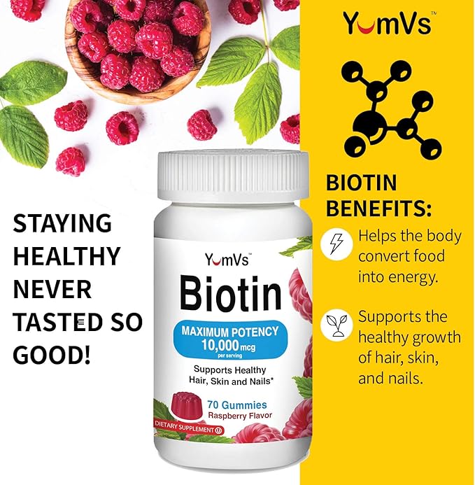 Biotin 10000 mcg Maximum Potency Gummies by YumVs | for Adults Women & Men | Hair, Skin & Nails Support | Natural Raspberry Flavor - 70 Count