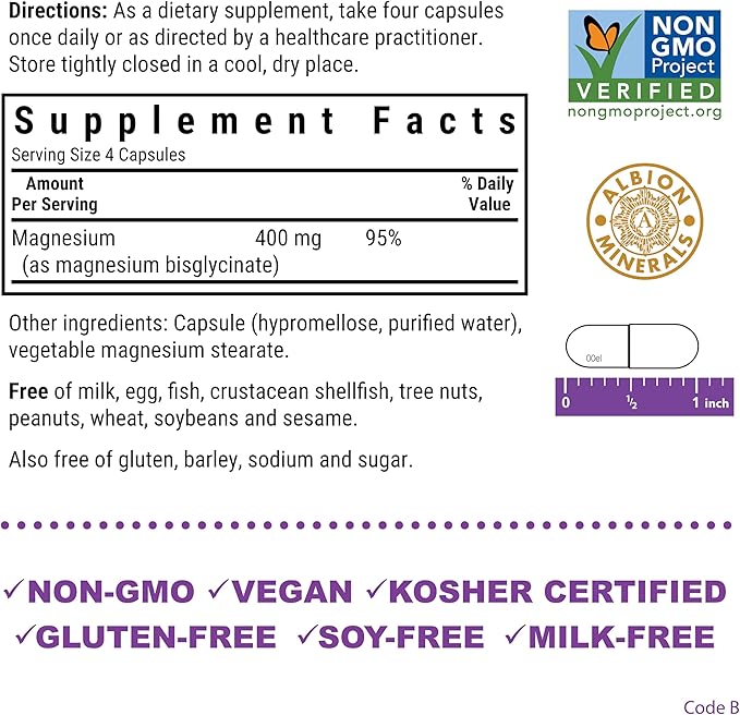 Bluebonnet Nutrition Magnesium Glycinate 400mg Maximum Absorption Mineral Complex Supports Energy Production & Enzyme Function - Non-GMO, Soy-Free, Gluten-Free - 120 Veggie Capsules