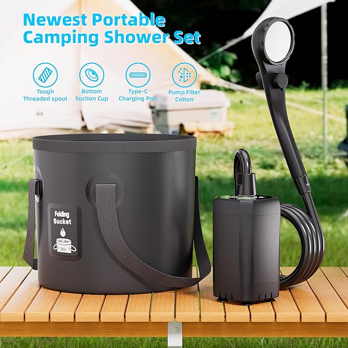 Moriko Portable Camping Shower, 6000mAh Rechargeable Shower Pump, Filtered Shower Head & 5 Gallons Foldable Bucket, Outdoor Shower for Hiking Beach, Travel, Pet Bath, Car Washing, Surf & Boat Cleaning