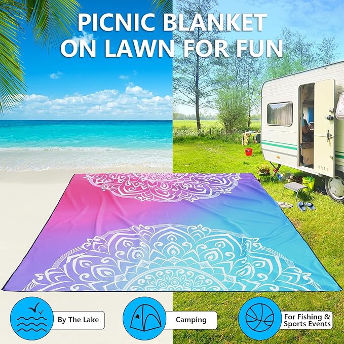 Beach Blanket, Sandproof Beach Mat, Waterproof Quick Drying Lightweight Outdoor Aztec Picnic Mat 79" X 83"/120"x108" for 2-8 Adults for Travel, Camping, Hiking