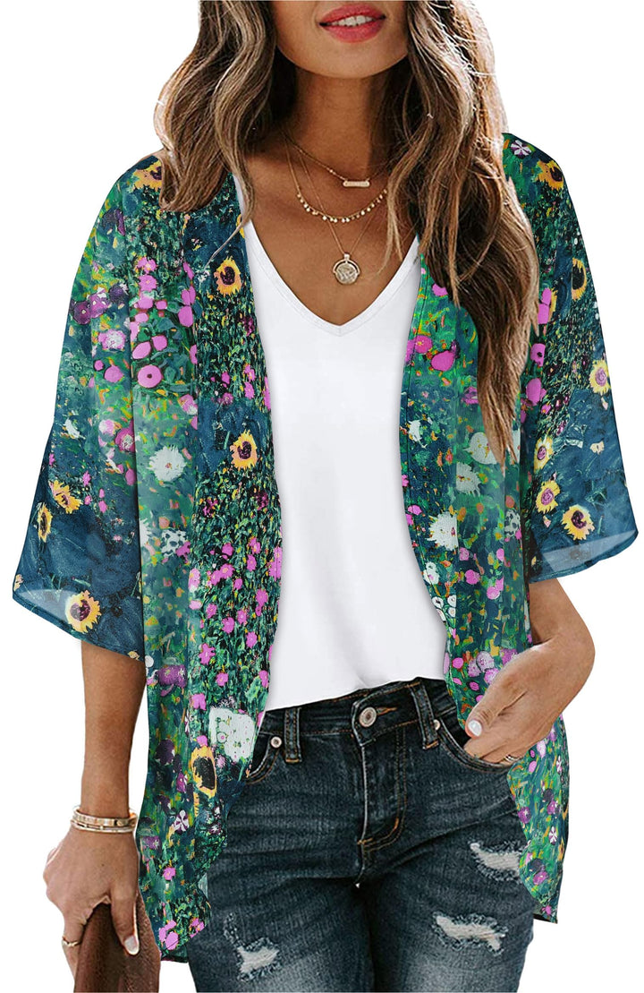 Summer Kimono Cardigan for Women Sheer Hawaii Tops Casual Open Front Swimwear Shirts Beach Cover ups (Green Daisy,S)