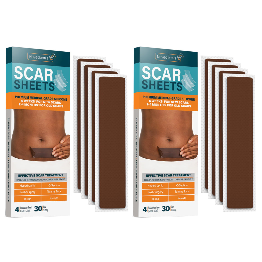 NUVADERMIS Silicone Scar Sheets - Extra Long Scar Sheets for C-Section, Tummy Tuck, Keloid, and Surgical Scars - Reusable Medical Grade Silicone Scar Sheets - 2 Packs of 4 - Dark Tone, Beige