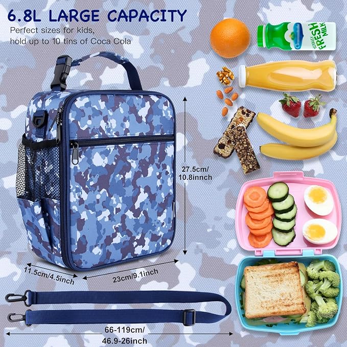 Kids Insulated Lunch Box Bag, Thermal Picnic Cool Bags with Adjustable Strap for Adults Children Women Men Boys Girls School Work (CAM-Blue)