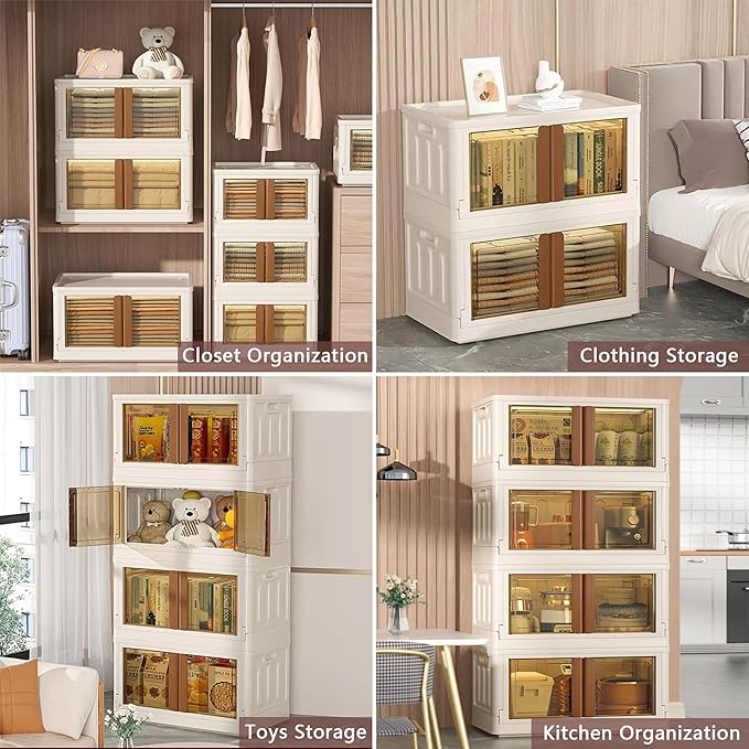 19Gal Collapsible Storage Bins with Lids & Wheels - 2 Pack Stackable with Doors, Heavy-Duty Plastic Cabinet for Home/Office, Milk White