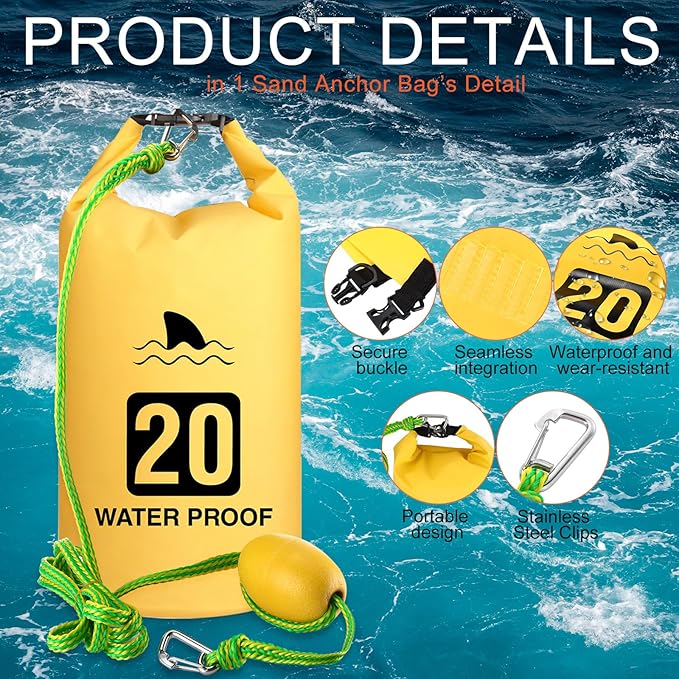4 Set 2 in 1 Sand Anchor and Buoy Kit Floating Bag Kayak Anchor Waterproof Dry Bag for Lake Beach Boats Watercrafts Hiking Camping Water Sports Surfing Tubing Kayaking(Yellow)