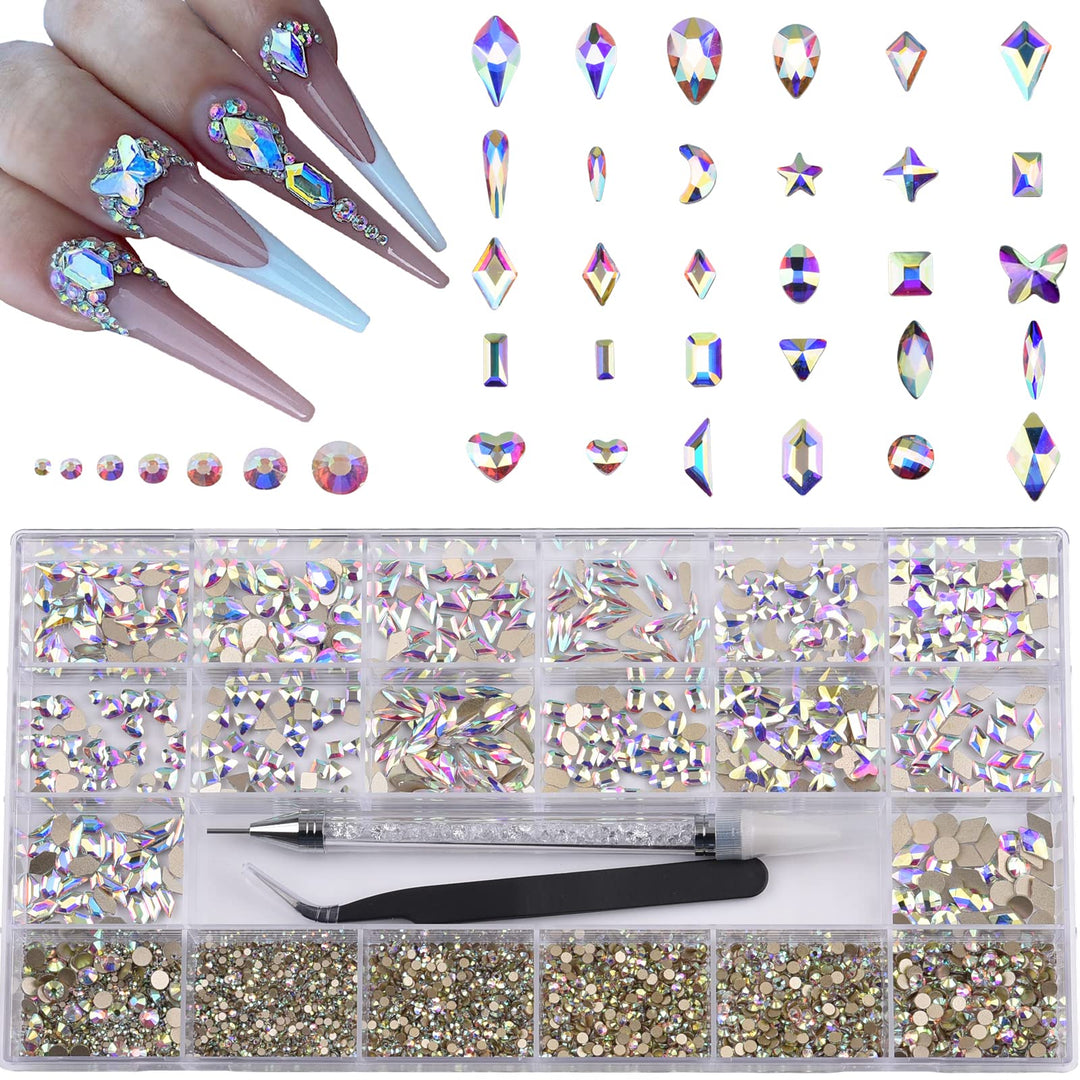 600Pcs Big Small Shape Crystal Ab Nail Rhinestones 7000Pcs Round Beads Nail Flat Back Glass Gem Stones 3D Nail Art Decoration Je