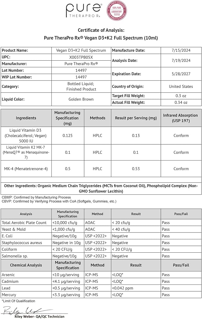 Pure TheraPro Rx Vegan D3 + K2 Organic 100% Liposomal 10ml Made in USA | 3 Month Supply | Maximum Absorption Vitamin D3 and Vitamin K2 Supplements for Men and Women, D3 Vitamin 5000 IU
