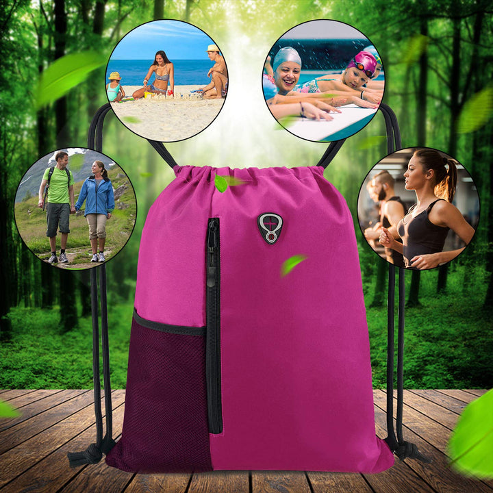 BeeGreen Pink Cinch Sack Drawstring Backpack For Women With Water Bottle Pocket &Two Zippered Pocket Large Sports Gym Sackpack For Traveling Yoga Beach Outdoor