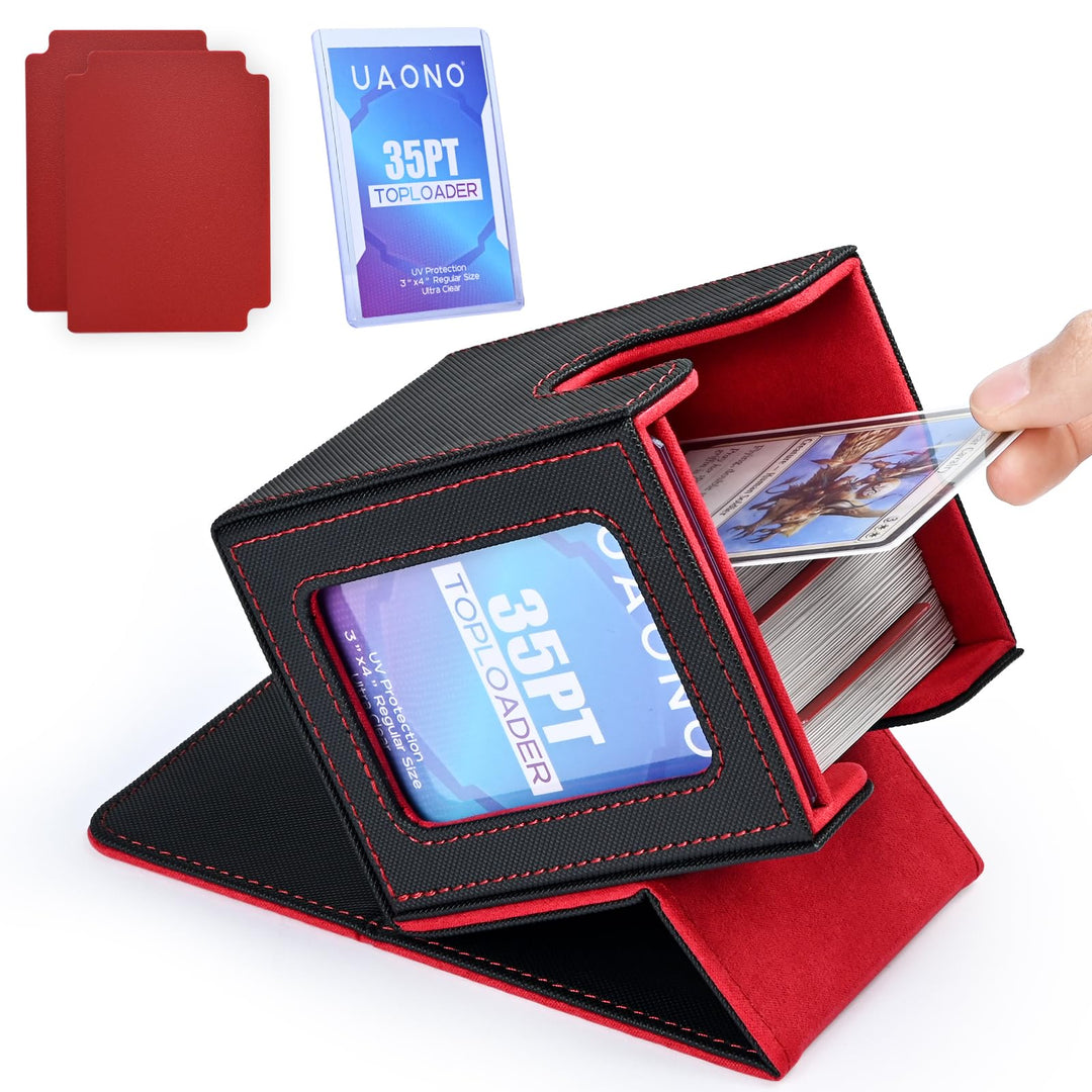 UAONO Card Deck Box with MTG Commander Display, Patented Design Card Deck Case Holds 100+ Double-Sleeved Cards, PU Leather Cards Storage Box for TCG with 2 Dividers, 1 Toploader (Black&Red)